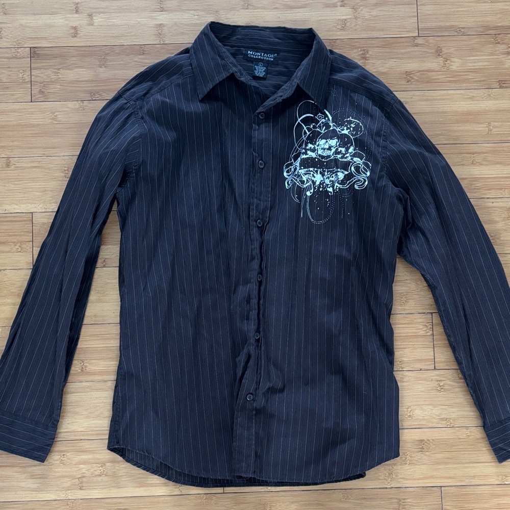 Montage Collection  Brown Pinstripe Shirt with White Graphic